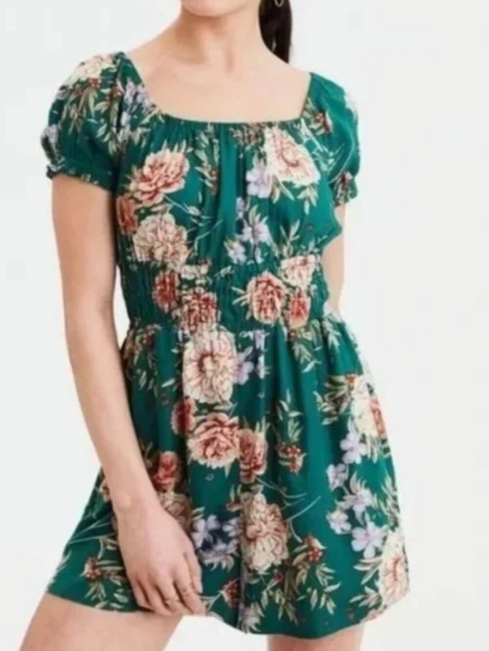American Eagle Outfitters Green Floral Short Sleeve Romper Pockets Size Medium